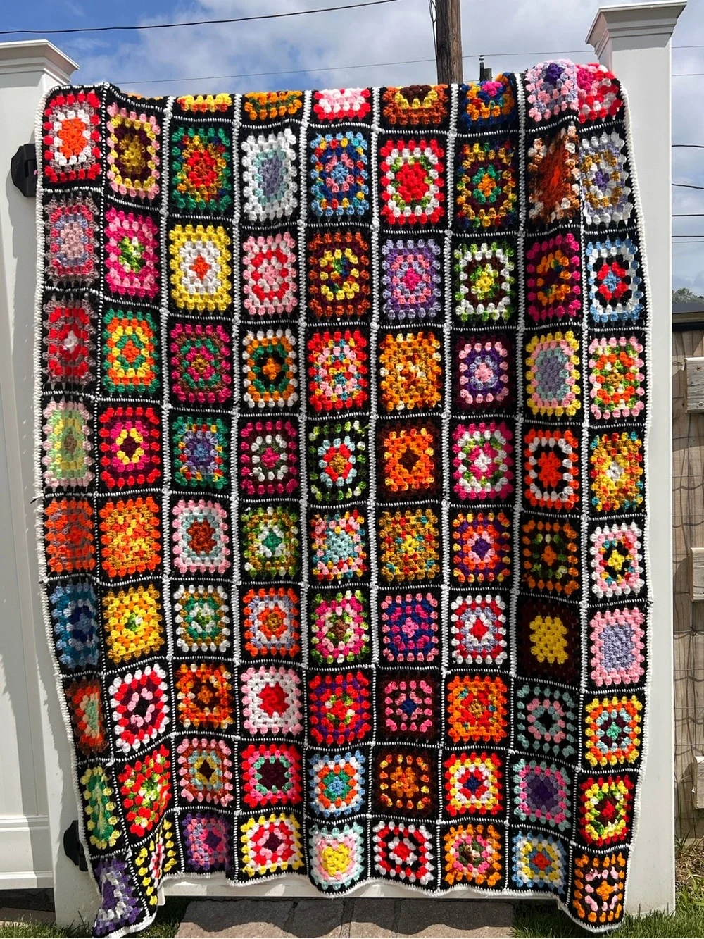 Large Handmade Crocheted Granny Square Afghan Blanket Colorful Boho Vintage